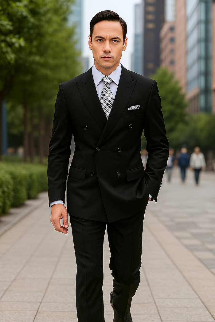 Mens Classic Wool Double Breasted Suit in Black
