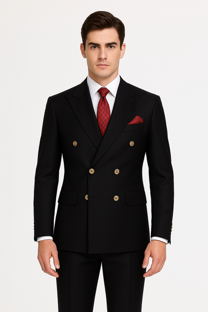 Mens Classic Wool Double Breasted Suit in Black