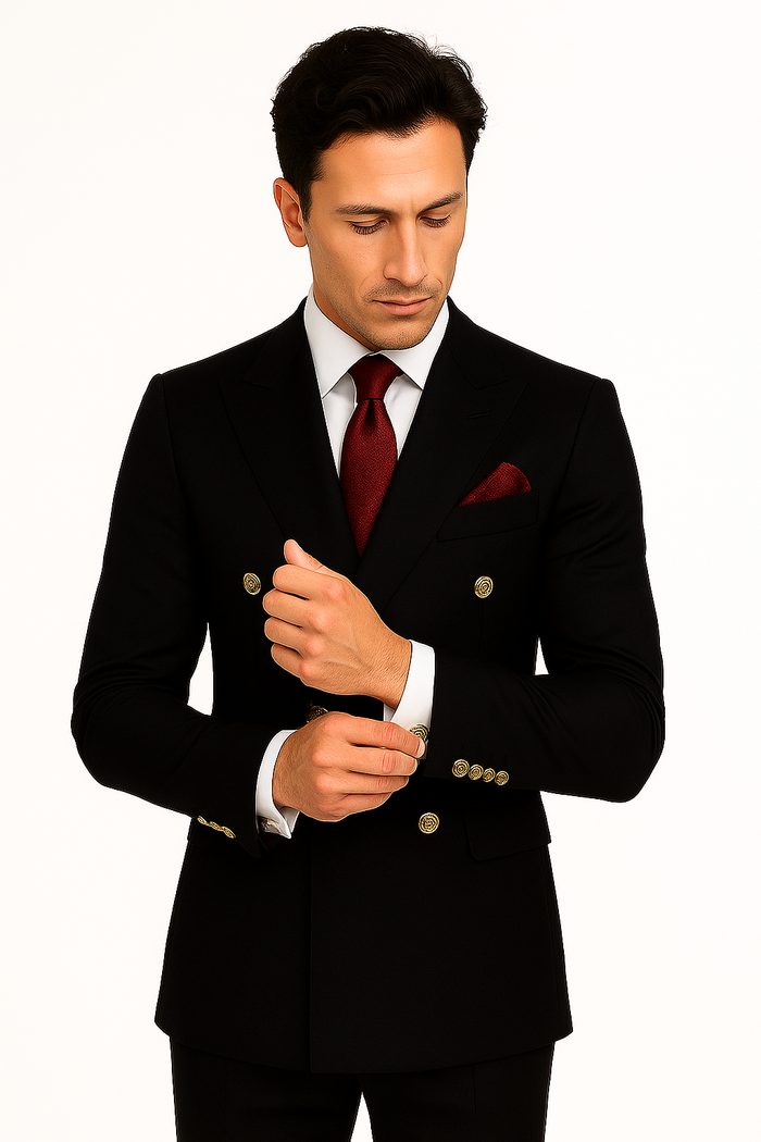 Mens Classic Wool Double Breasted Suit in Black