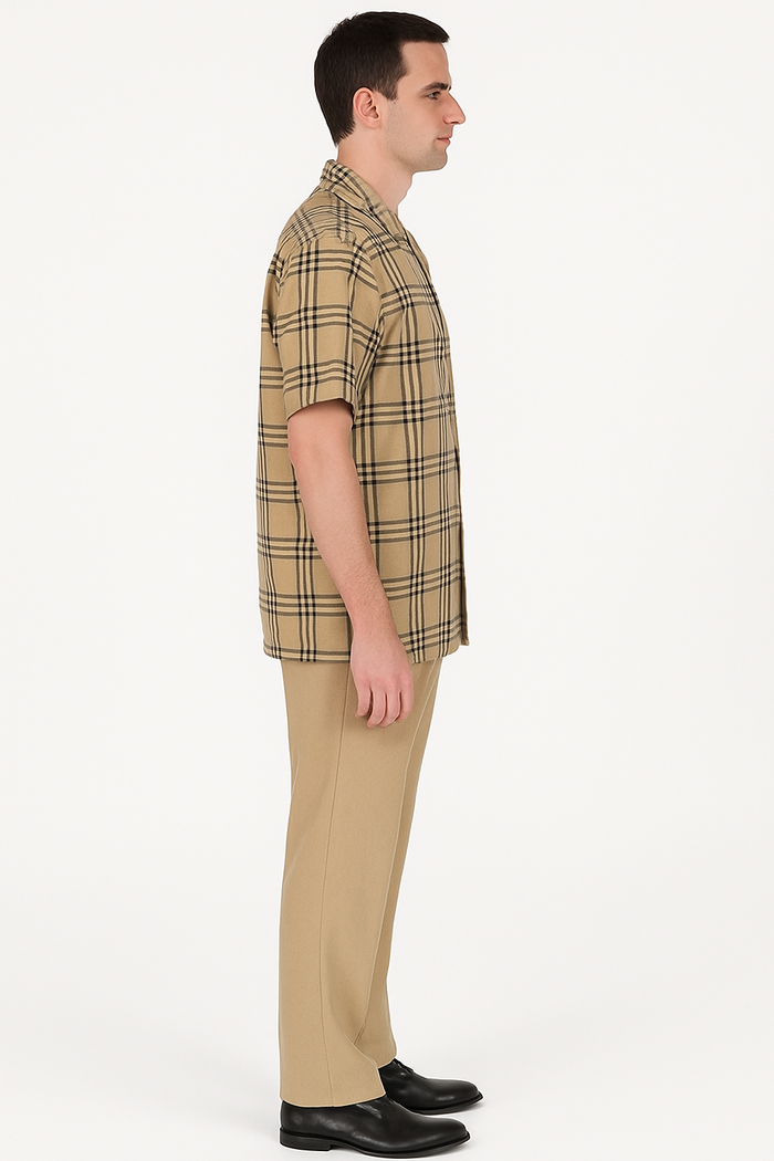 Beige Plaid Button-Up Shirt for Men â€“ Casual to Semi-Formal