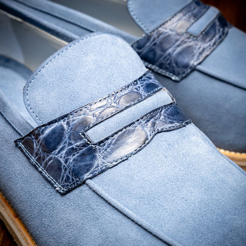 Zelli Meo 3 Suede and Genuine Crocodile Penny Loafers in Water Blue