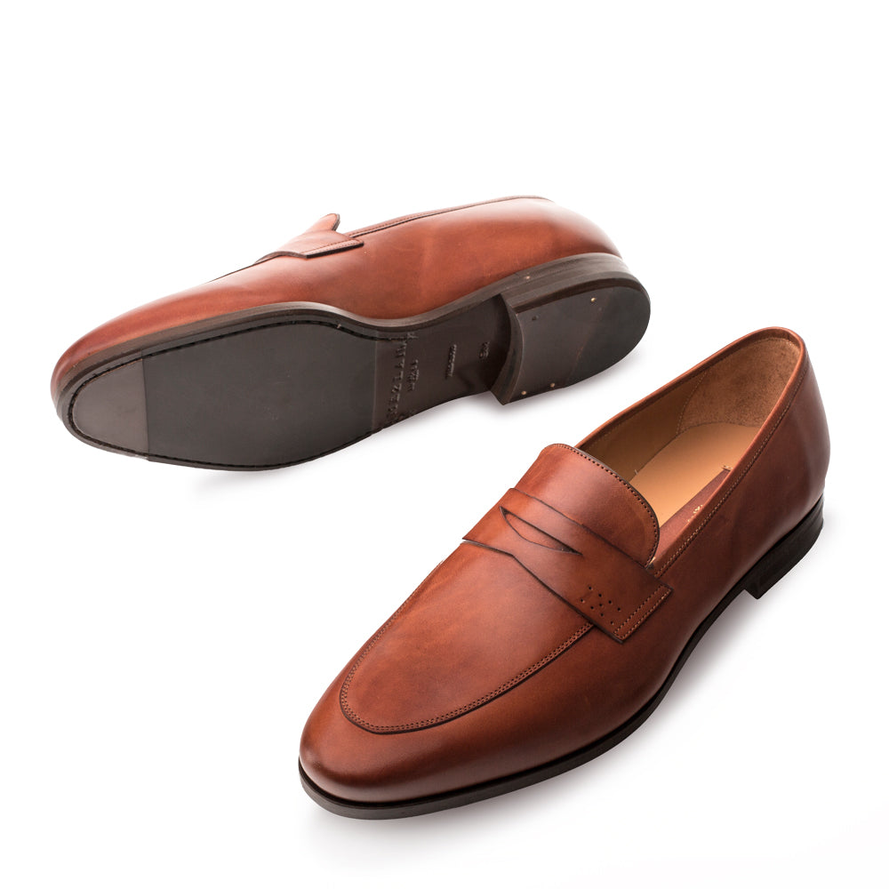 Mens Melzan Fabrizi Calfskin Penny Loafer Dress Shoe in Cognac - 8