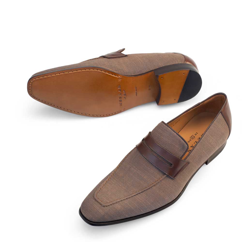 Mens Mezlan Fabric & Calfskin Penny Loafer in Taupe - 8