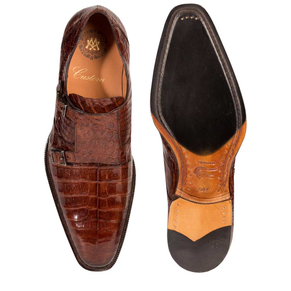 Mens Mezlan Prague Double Monk Strap Caiman Crocodile Dress Shoe in Cognac - 8 Standard / D / Medium