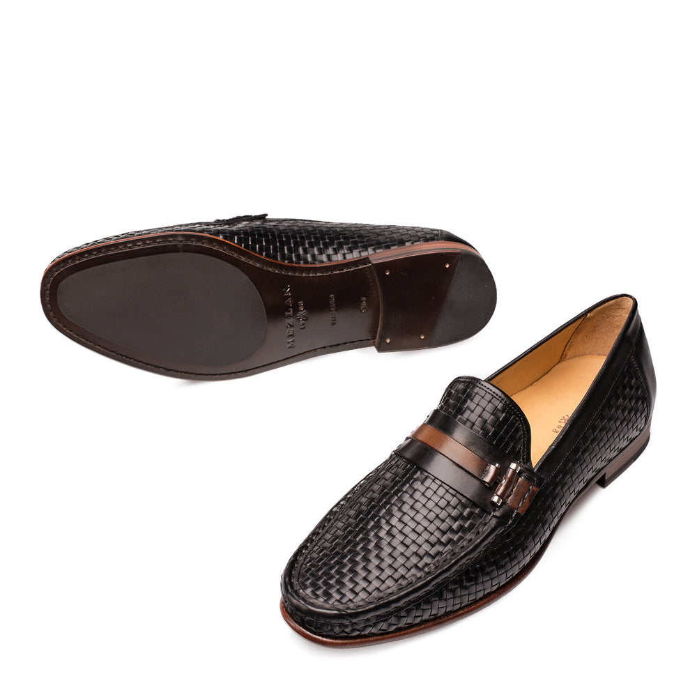 Mens Mezlan Banderas Woven Calfskin Loafer Dress Shoe in Black - 8