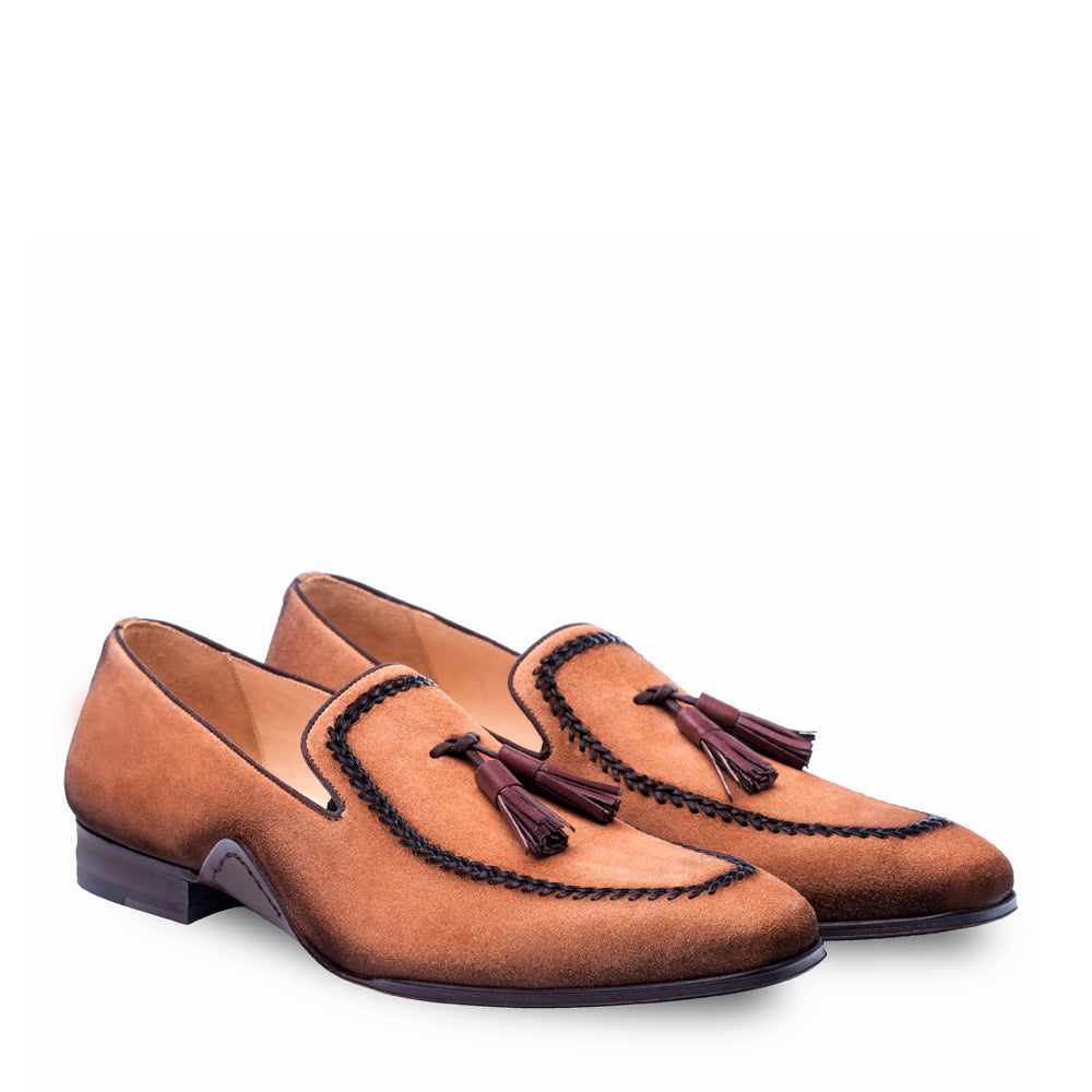 Mens Mezlan Plazza Suede & Calfskin Tassel Loafer Dress Shoe in Cognac - 8