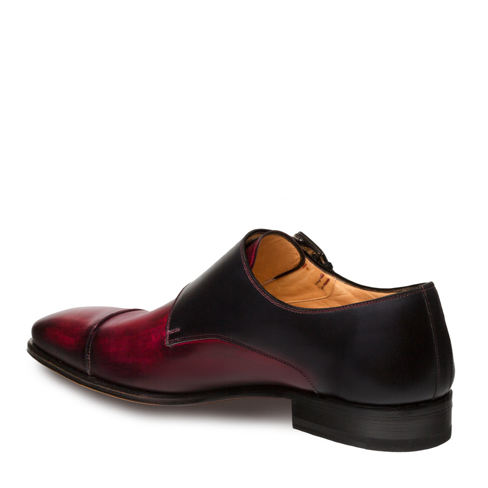 Mens Mezlan Bardem Calfskin Double Monk Strap Dress Shoe in Black & Burgundy - 8