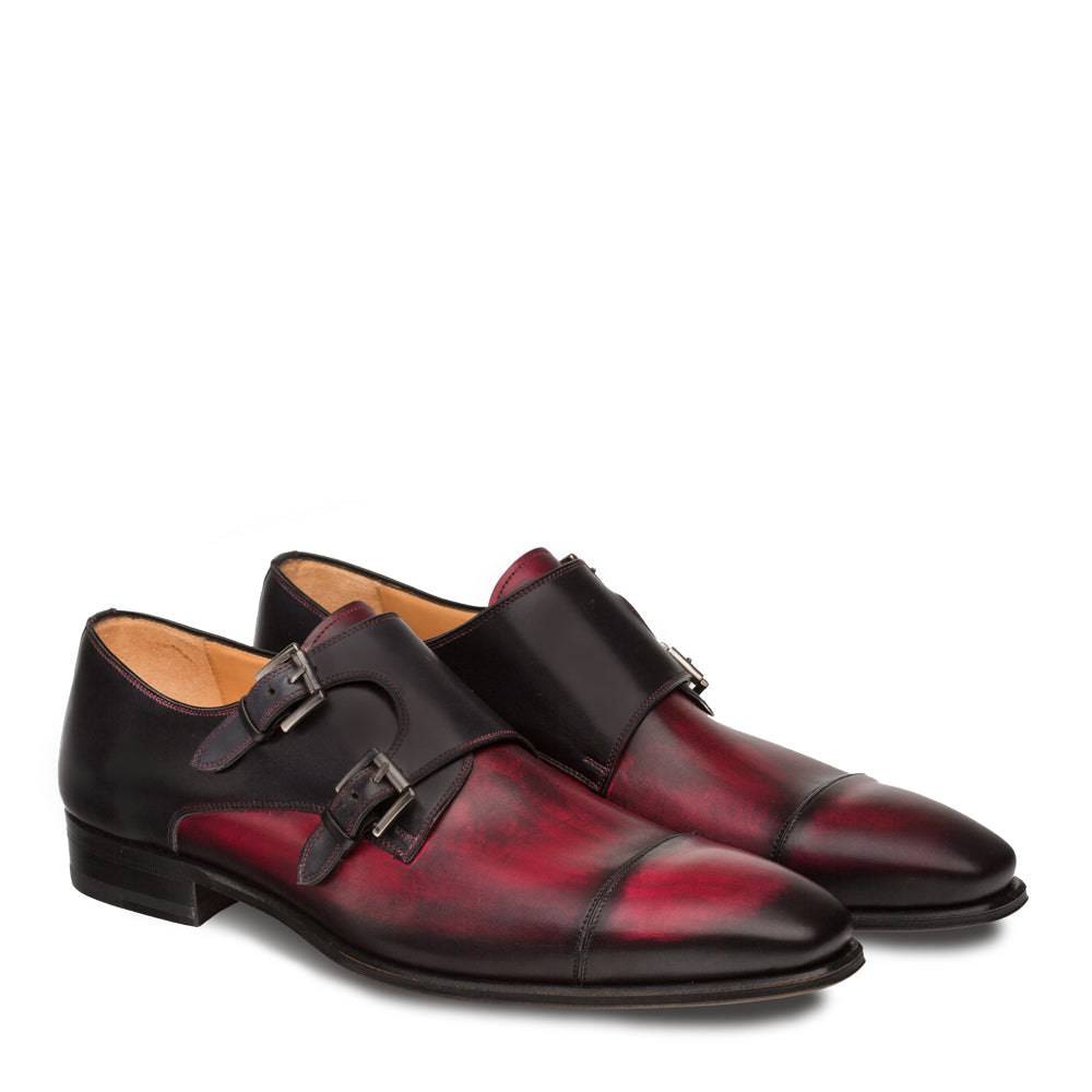 Mens Mezlan Bardem Calfskin Double Monk Strap Dress Shoe in Black & Burgundy - 8