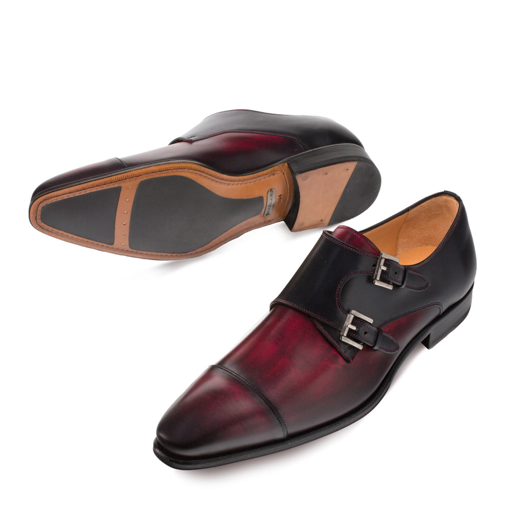 Mens Mezlan Bardem Calfskin Double Monk Strap Dress Shoe in Black & Burgundy - 8