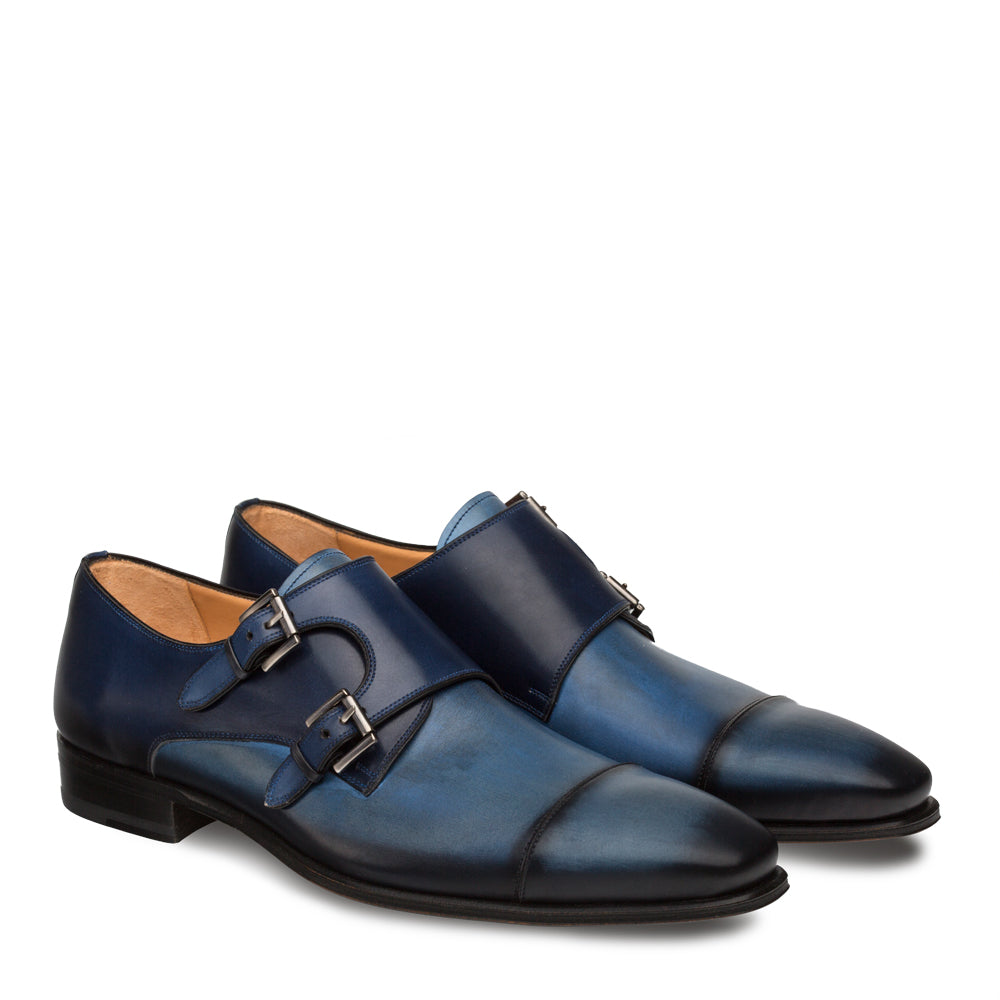 Mens Mezlan Bardem Calfskin Double Monk Strap Dress Shoe in Blue - 8