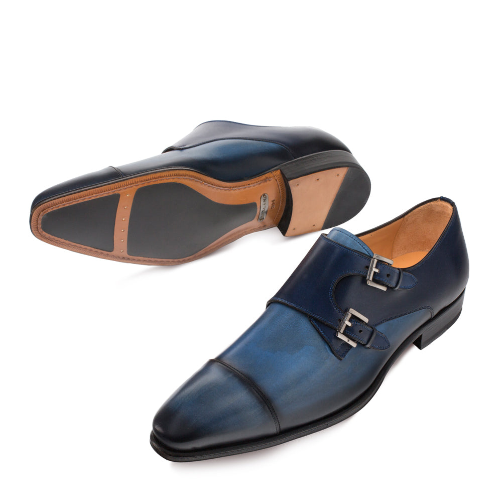 Mens Mezlan Bardem Calfskin Double Monk Strap Dress Shoe in Blue - 8