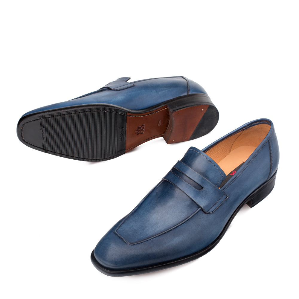 Mens Mezlan Classic Calfskin Slip on Penny Loafer Dress Shoe in Blue - 7.5