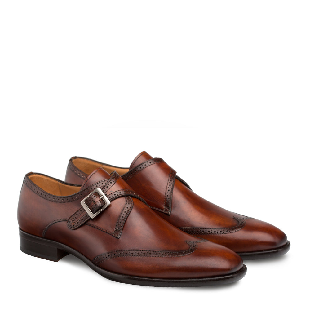 Mens Mezlan Forest Calfskin Wingtip Monk Strap Dress Shoe in Cognac - 7.5