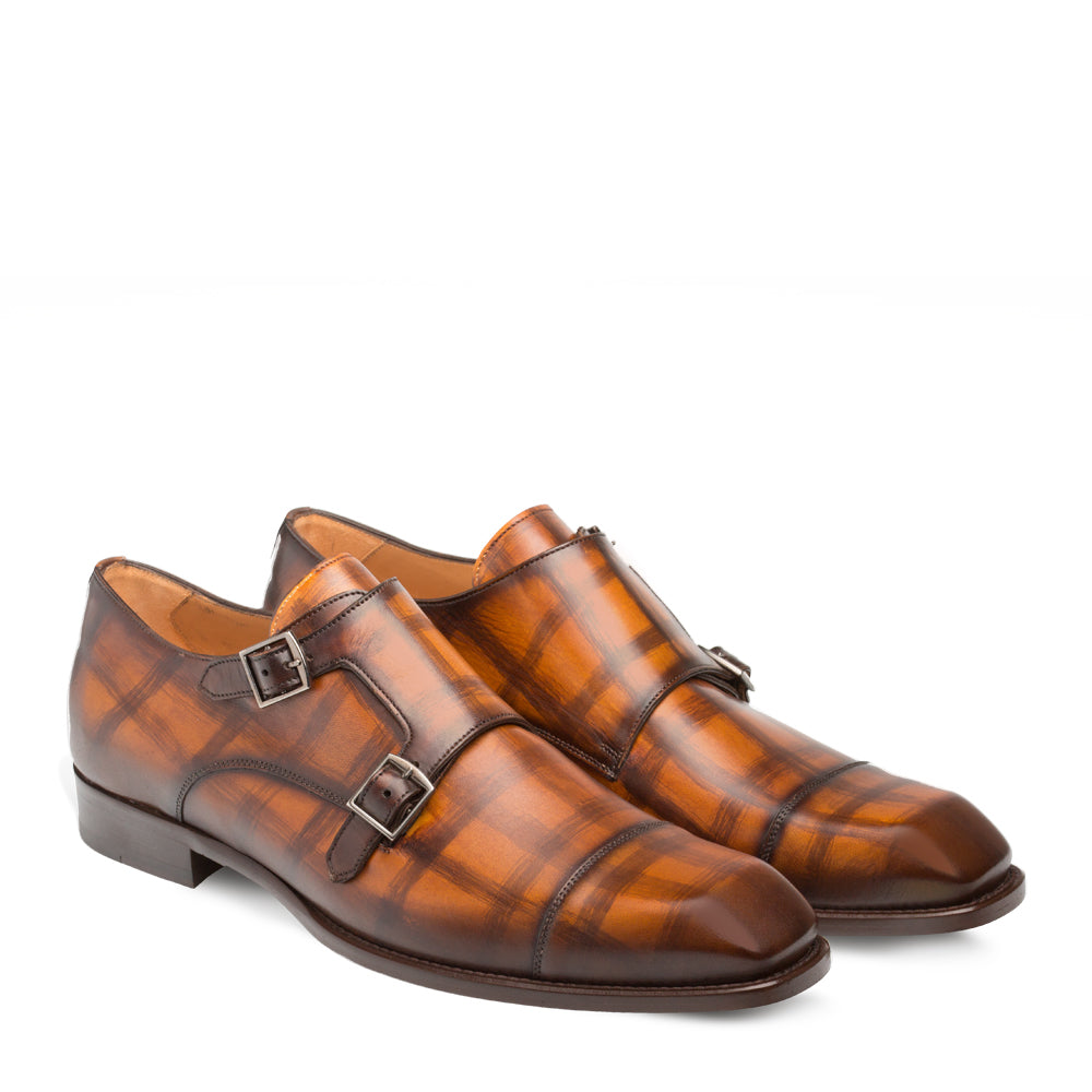 Mens Mezlan Valkyrie Double Monkstrap Plaid Calfskin Dress Shoe in Honey - 8