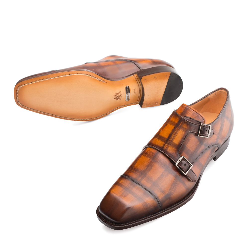 Mens Mezlan Valkyrie Double Monkstrap Plaid Calfskin Dress Shoe in Honey - 8