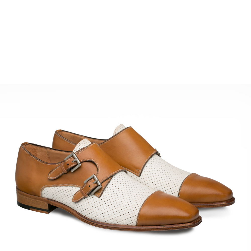 Mens Mezlan Saber Two Tone Calfskin Monk Strap Dress Shoe in Honey & White - 8