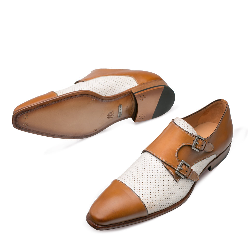 Mens Mezlan Saber Two Tone Calfskin Monk Strap Dress Shoe in Honey & White - 8