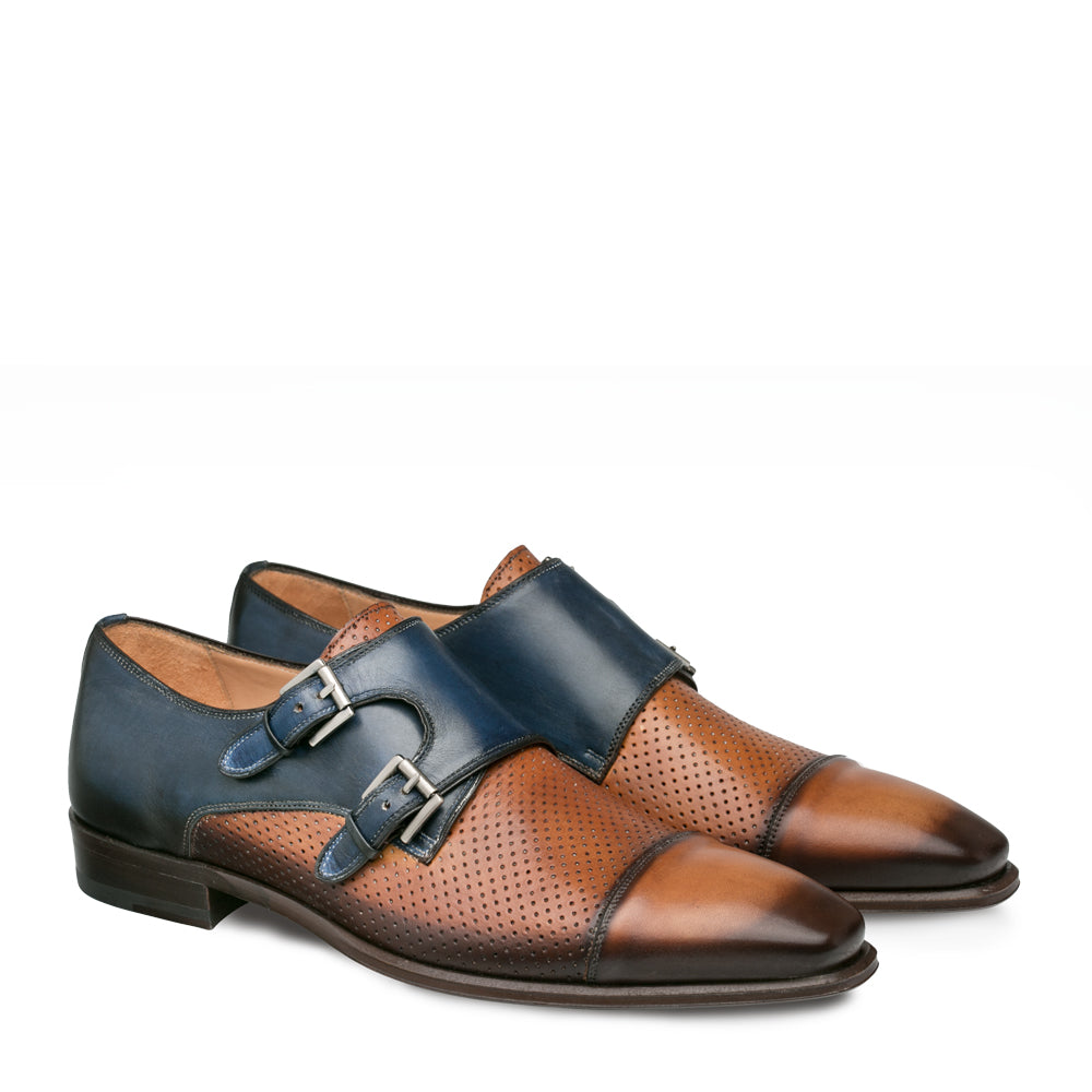 Mens Mezlan Saber Two Tone Calfskin Monk Strap Dress Shoe in Tan & Blue - 8