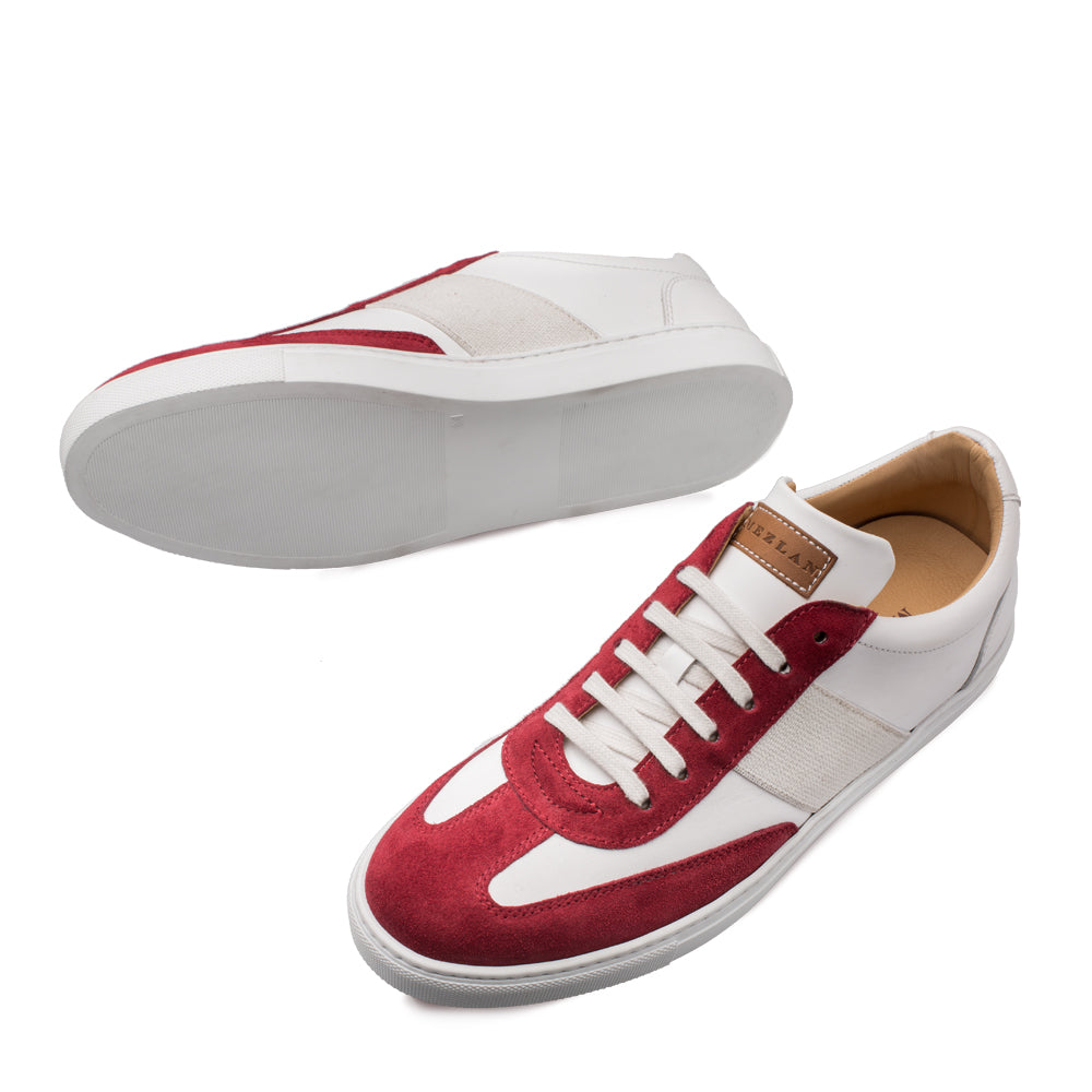 Mens Mezlan Wyatt Two Tone Calfskin & Suede Sneaker in White & Burgundy - 8