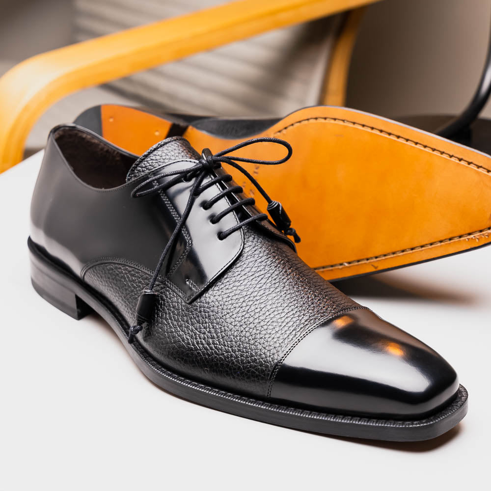 Mezlan Soka Calfskin & Deerskin Cap Toe Shoes Black (15089) - Medium