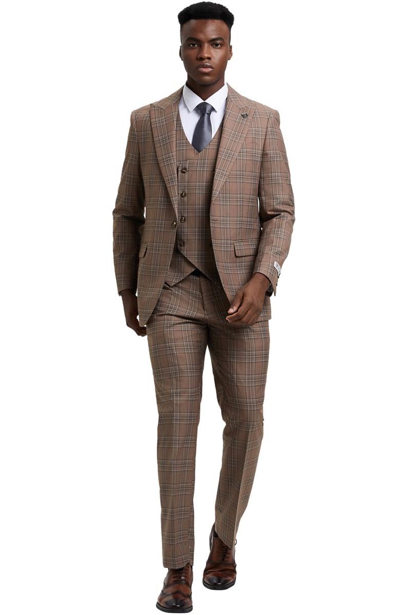 Men's Stacy Adams One Button Peak Lapel Double Breasted Vest Suit in Light Brown Plaid - 38 Regular