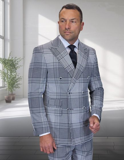 Statement Men's 2 Piece 100% Wool Modern Fit Double Breasted Suit - Plaid Pattern - 40R