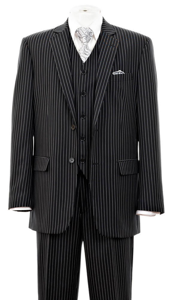 Harlem Nights Suits for Men - Milano 1920s Mens Black Pinstripe 3 Piece Suit Gangster Stripe 5702V10