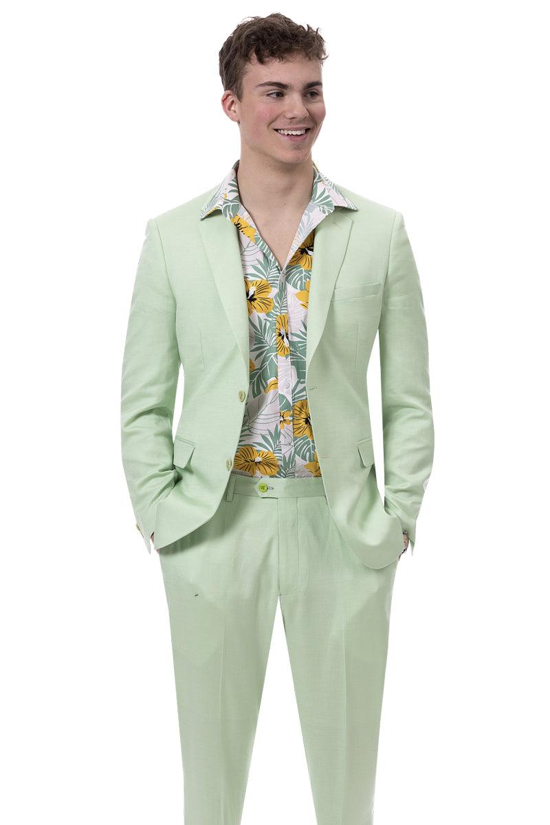 Mint Green Linen Suit by E.J. Samuel | Classic Men's Summer Style - 38 Short Jacket+32 Waist Adjust 28to34)(Height: 5 4 to5 7 )(Neck  15-16.5)S-M)