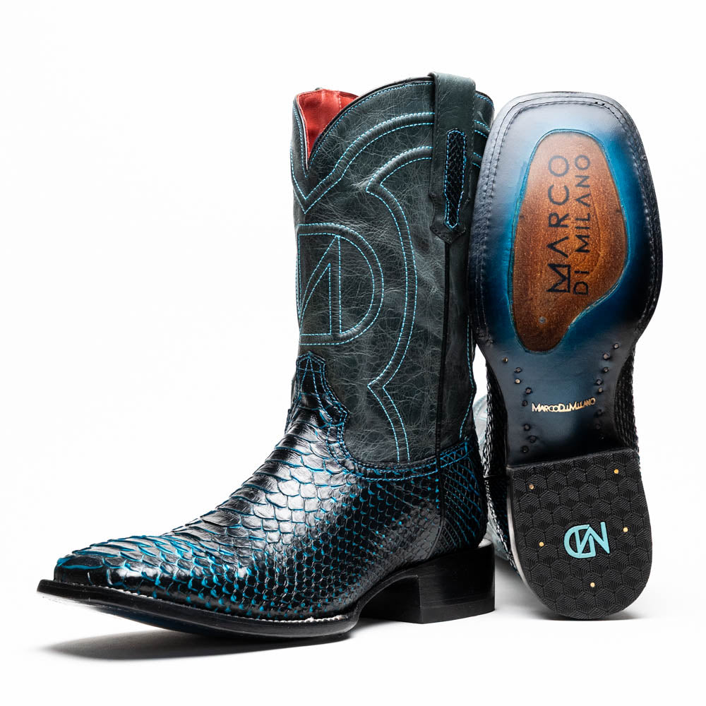 Marco Di Milano Missouri Black / Blue Python Square Toe Cowboy Boots - 7