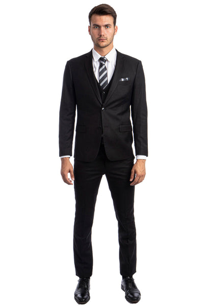 "Black Men's Slim Fit Two Button Vested Suit - Solid Basic Color"