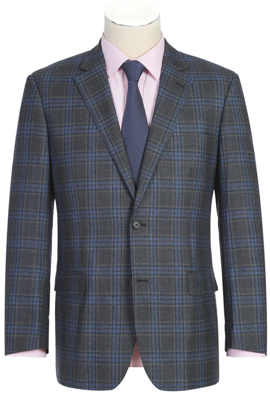 "Classic Fit Men's Wool Suit - Two Button Vested in Grey & Blue Windowpane Plaid"