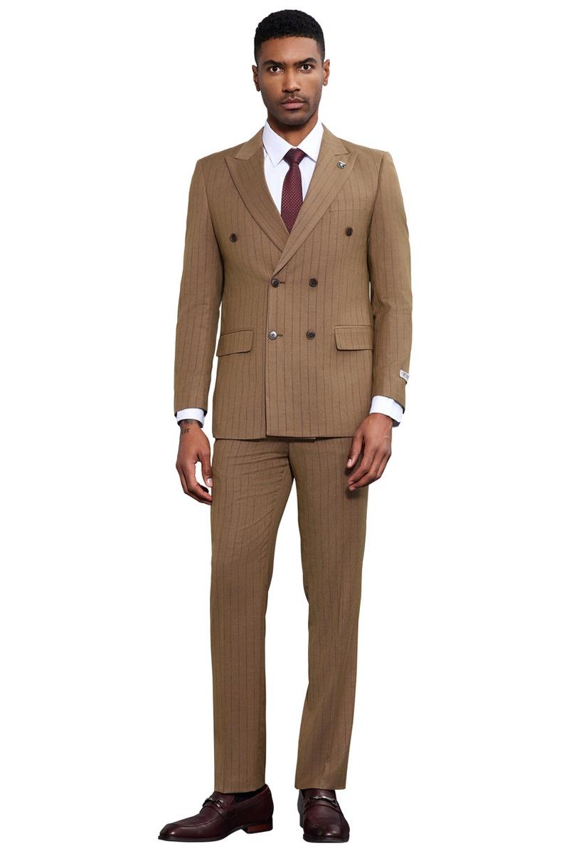 Men's Stacy Adams Double Breasted Pinstripe Suit in Camel - 38 Regular