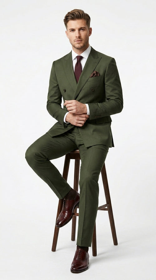 Men’s Dark Green Double Breasted Suit, Classic Formal Wedding Business Dress Suit