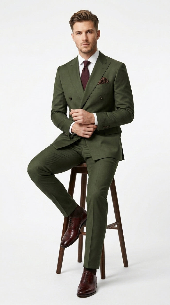 Men’s Dark Green Double Breasted Suit, Classic Formal Wedding Business Dress Suit