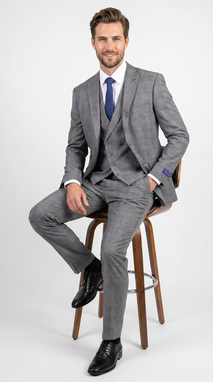 Men’s Gray Glen Plaid 3 Piece Suit with Jacket, Vest and Pants, Formal Wedding Business Dress Suit