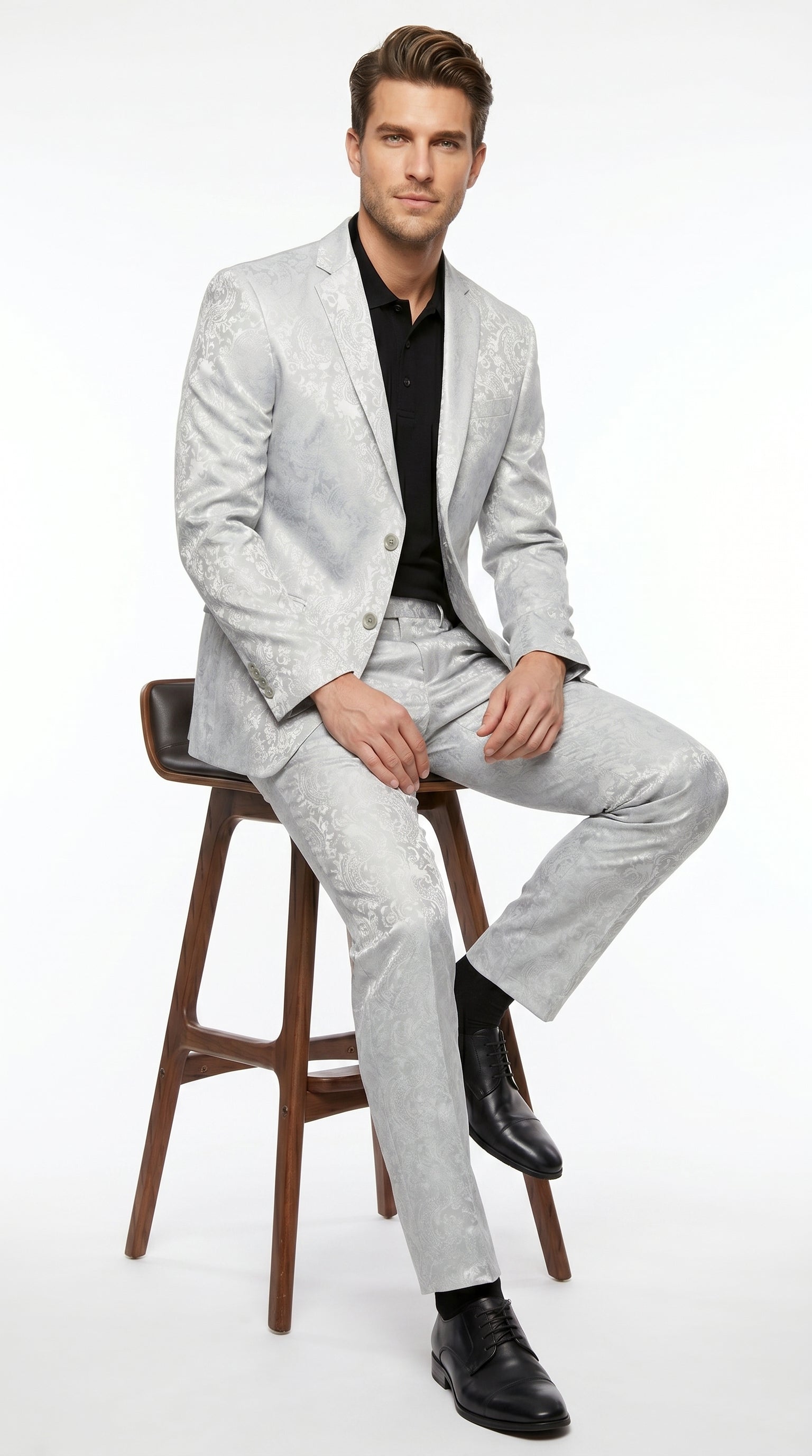 Men’s Silver Grey Paisley Wedding and Prom 2026 Suit with Jacket and Matching Pants