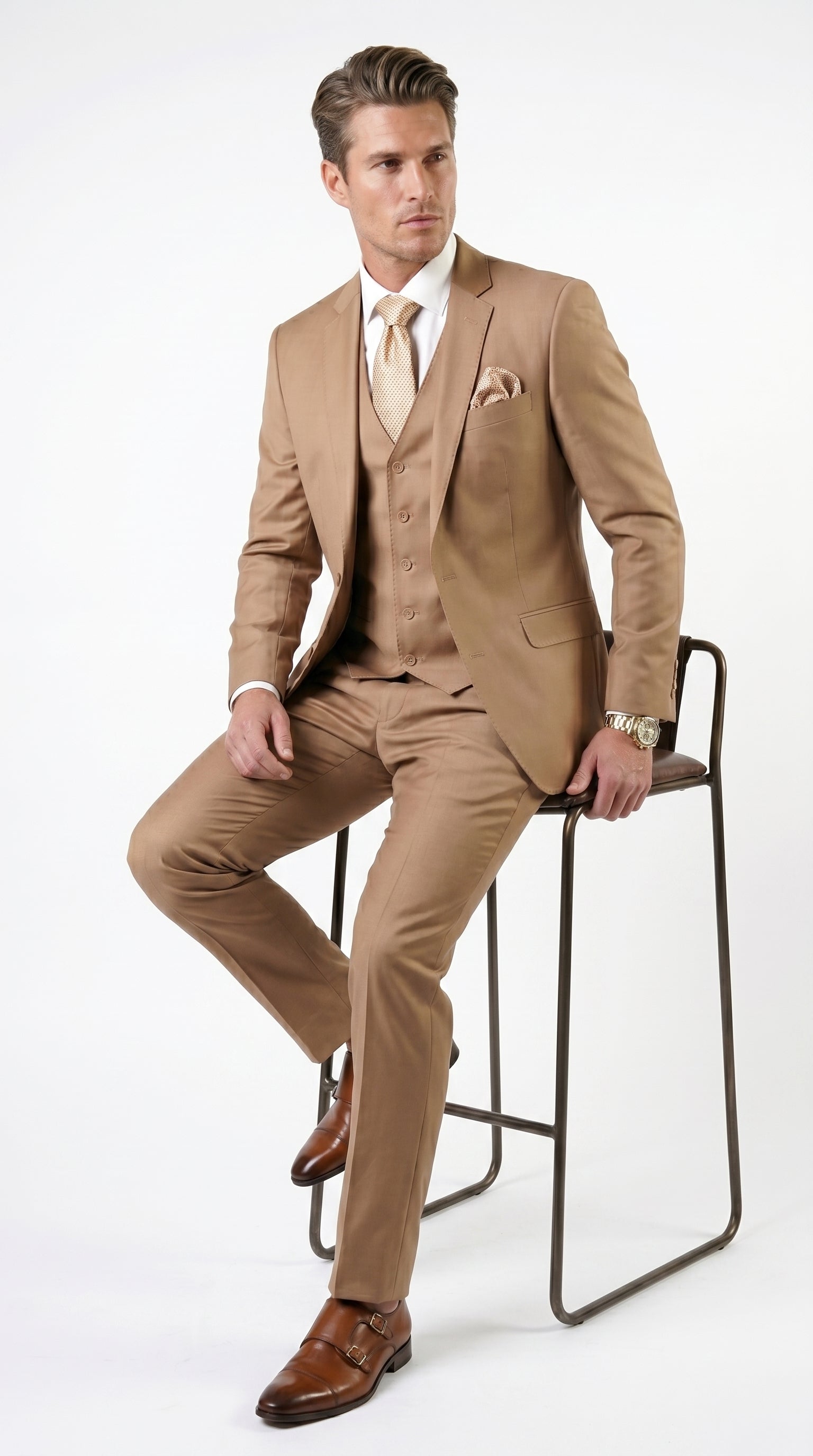 Statement Men’s Solid Caramel 100% Wool Vested Suit, Formal Wedding Business 3 Piece Suit Set