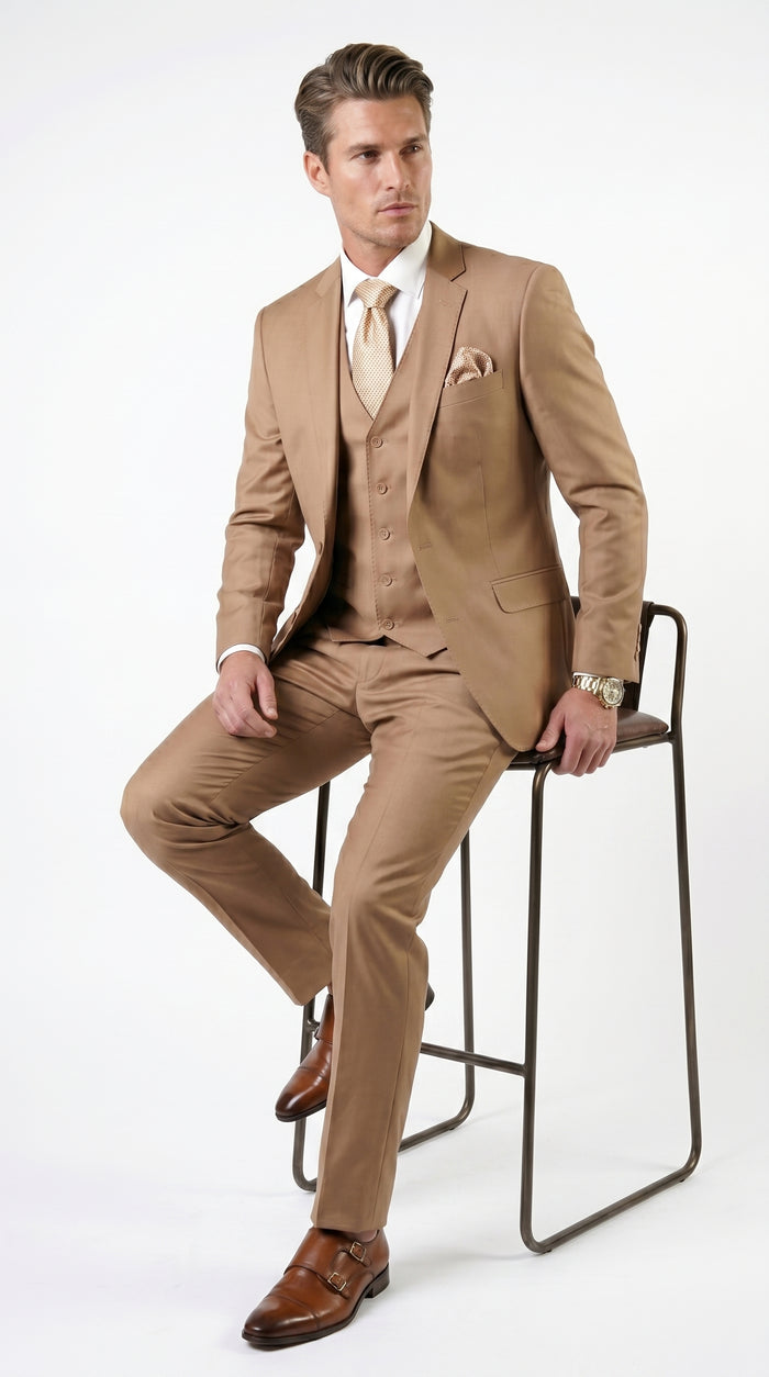 Statement Men’s Solid Caramel 100% Wool Vested Suit, Formal Wedding Business 3 Piece Suit Set