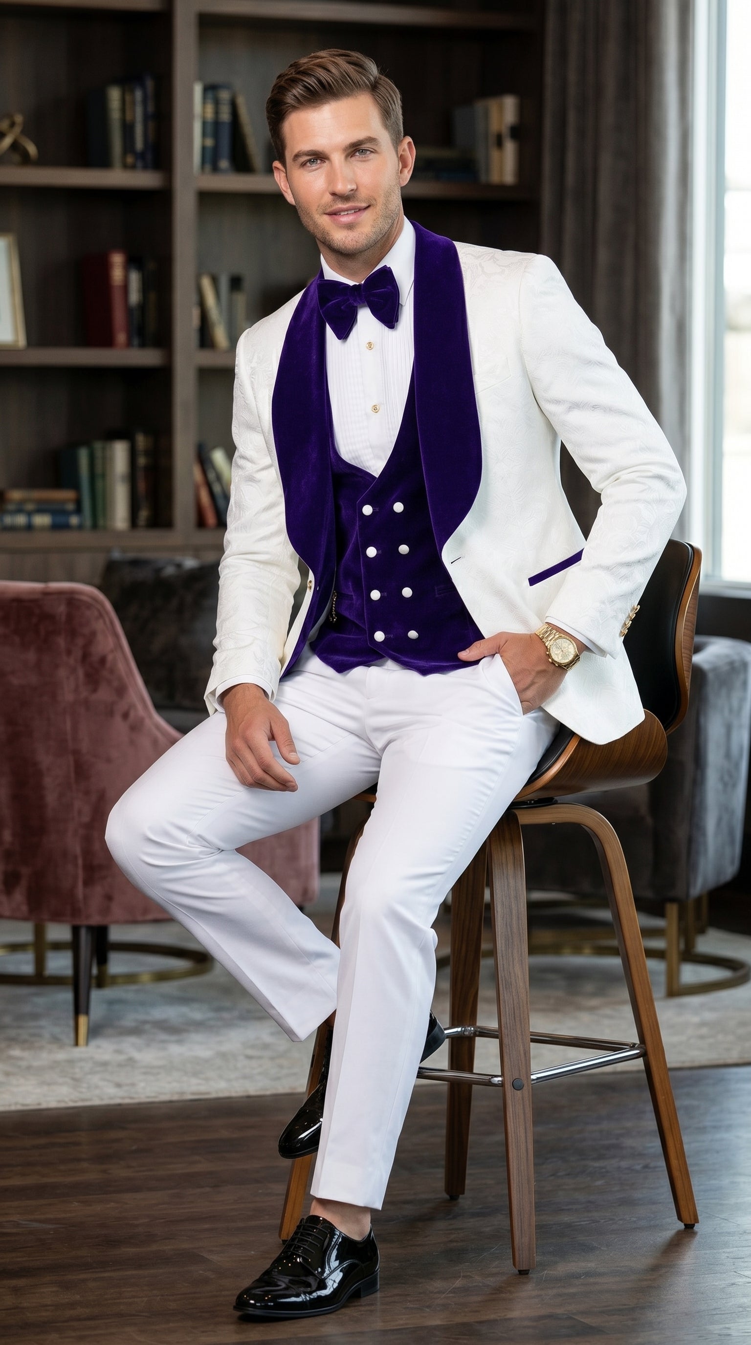 Men’s White and Royal Blue Wedding Tuxedo, Groom Prom Suit with Velvet Shawl Lapel and Matching Vest
