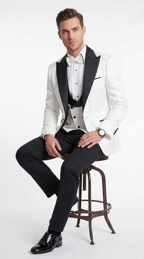 Statement Men’s White and Black Vested Tuxedo, Peak Lapel Wedding Prom Formal Suit with Bow Tie