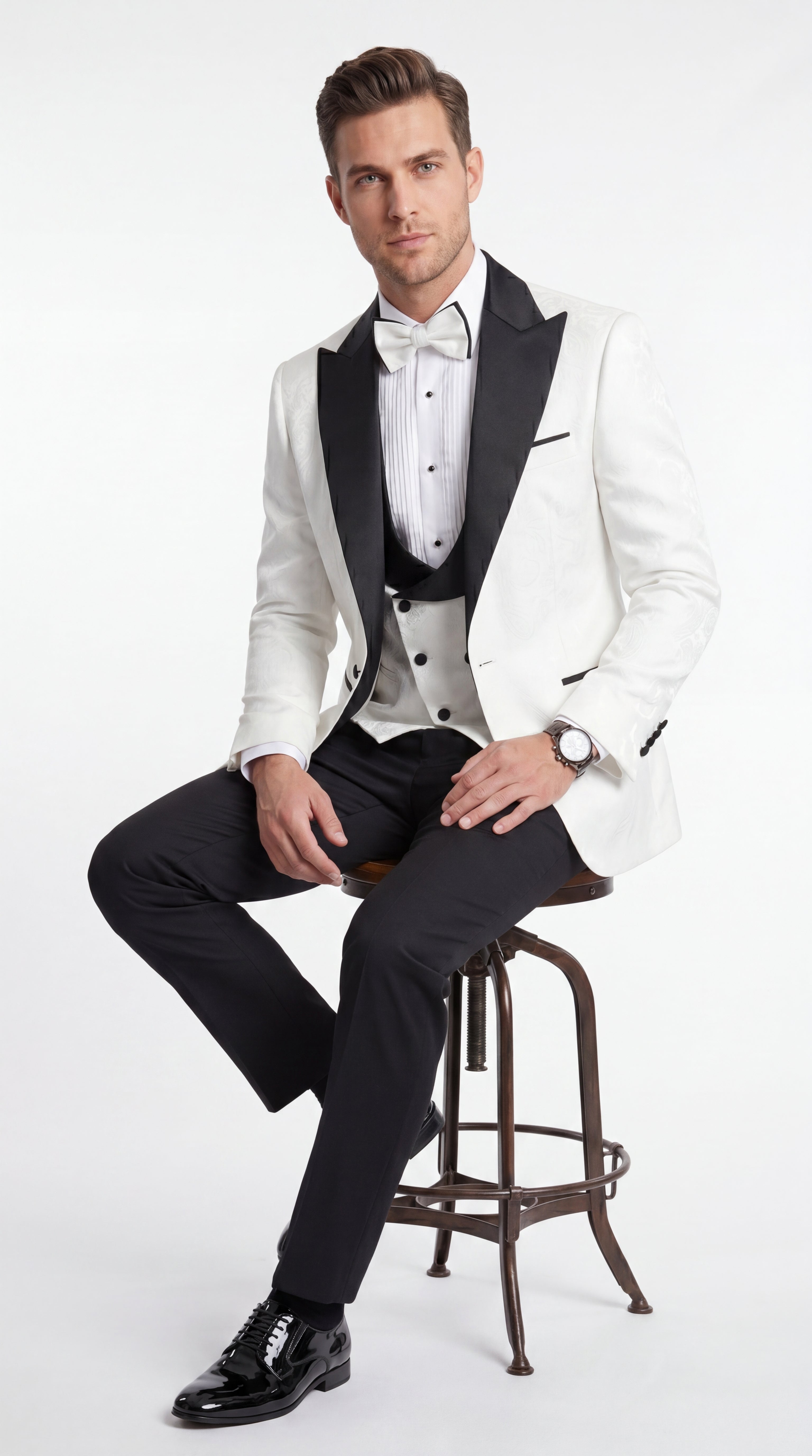 Statement Men’s White and Black Vested Tuxedo, Peak Lapel Wedding Prom Formal Suit with Bow Tie