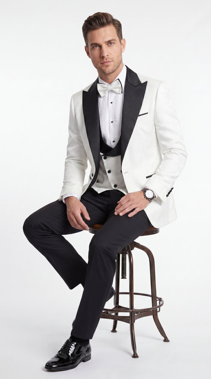 Statement Men’s White and Black Vested Tuxedo, Peak Lapel Wedding Prom Formal Suit with Bow Tie