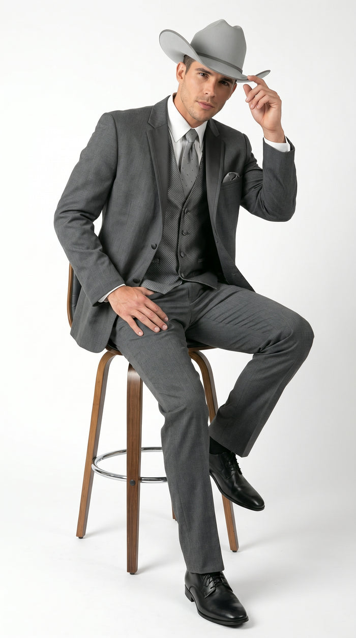 2 Button Trim Cowboy Tuxedo  Grey - Jacket and Pants