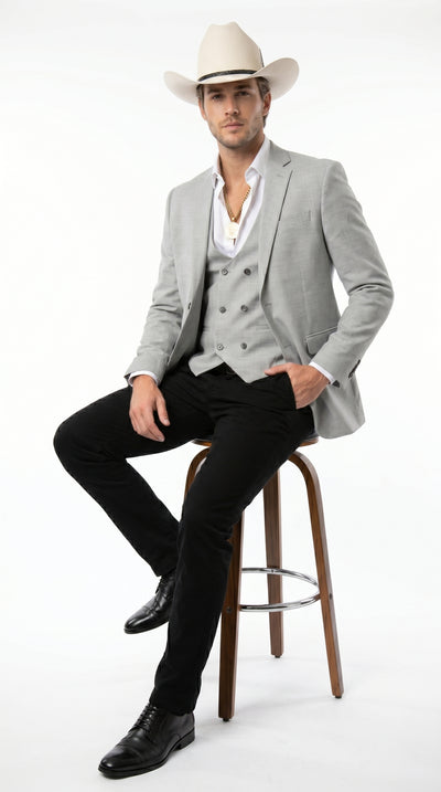 Men’s Light Gray Western Suit Blazer with Double Breasted Vest, Modern Cowboy Formal Outfit