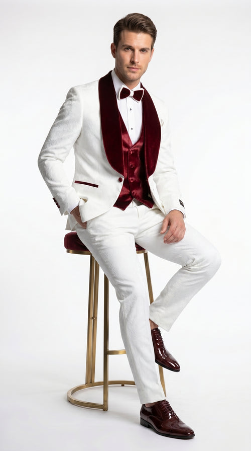 Men’s Gianni White and Burgundy Velvet Lapel 3 Piece Tuxedo, Formal Wedding Prom Suit