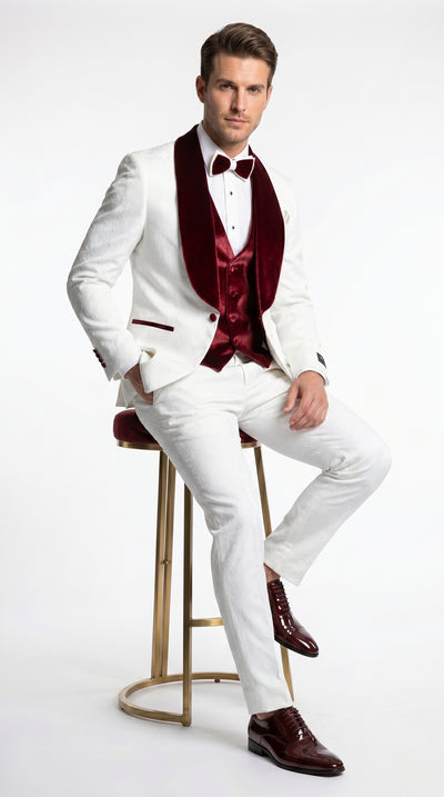 Men’s Gianni White and Burgundy Velvet Lapel 3 Piece Tuxedo, Formal Wedding Prom Suit