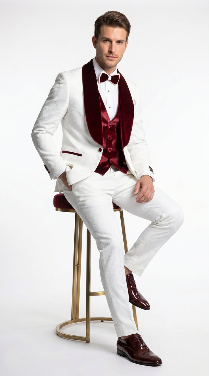 Men’s Gianni White and Burgundy Velvet Lapel 3 Piece Tuxedo, Formal Wedding Prom Suit