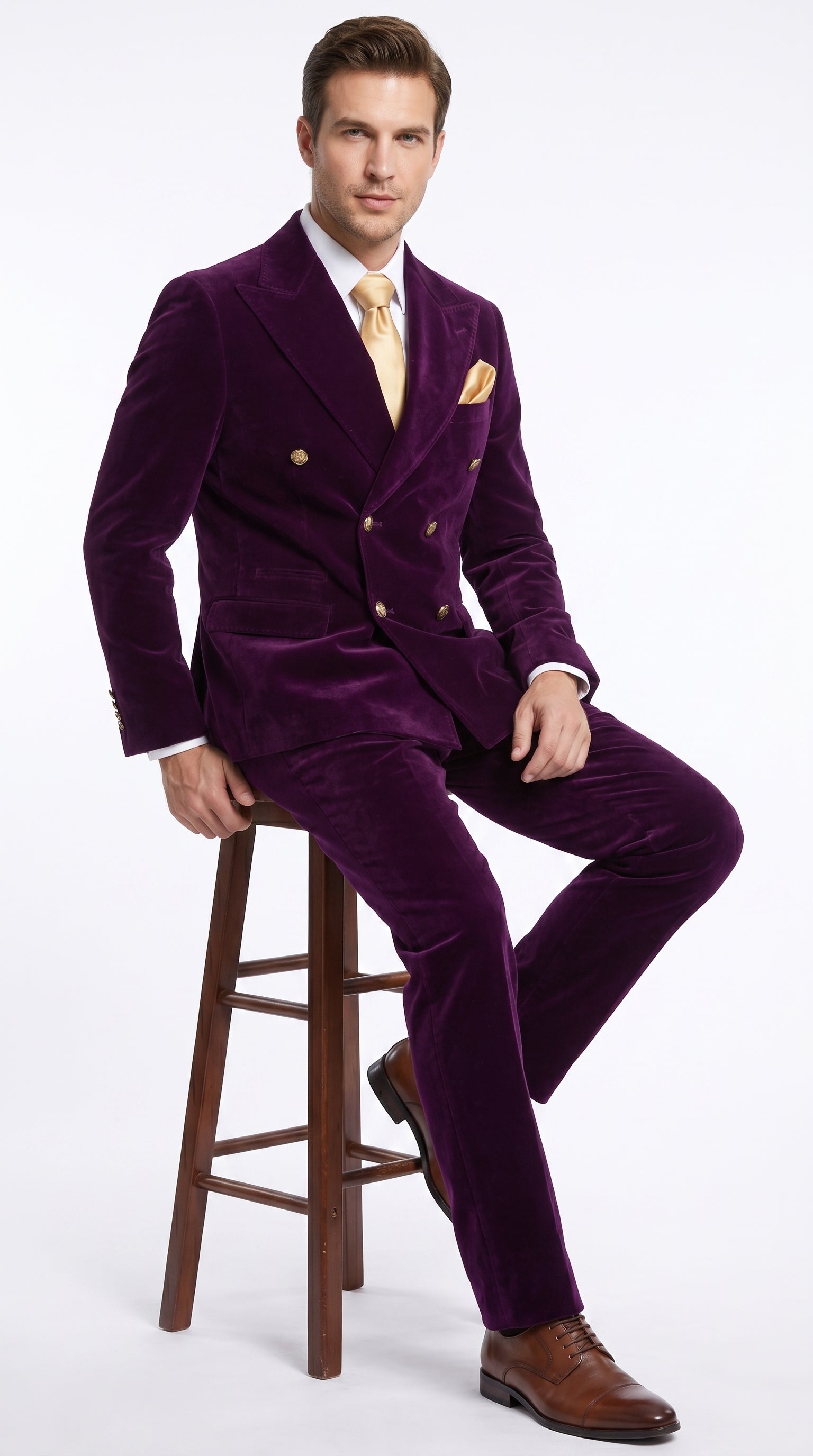 Men’s Rossi Man Zeus Purple Velvet Double Breasted Tuxedo Suit, Formal Wedding Prom Dinner Suit Set - 34 Short or Extra Small