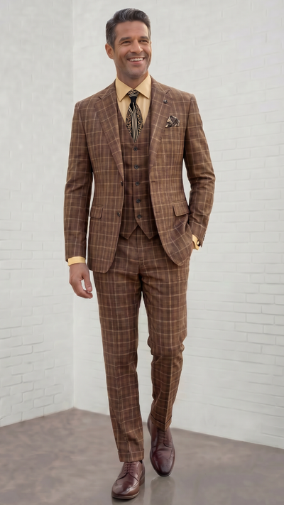 Statement Men's Outlet 3-Piece 100% Wool Modern Fit Suit - Pin Notch Lapel - Copper
