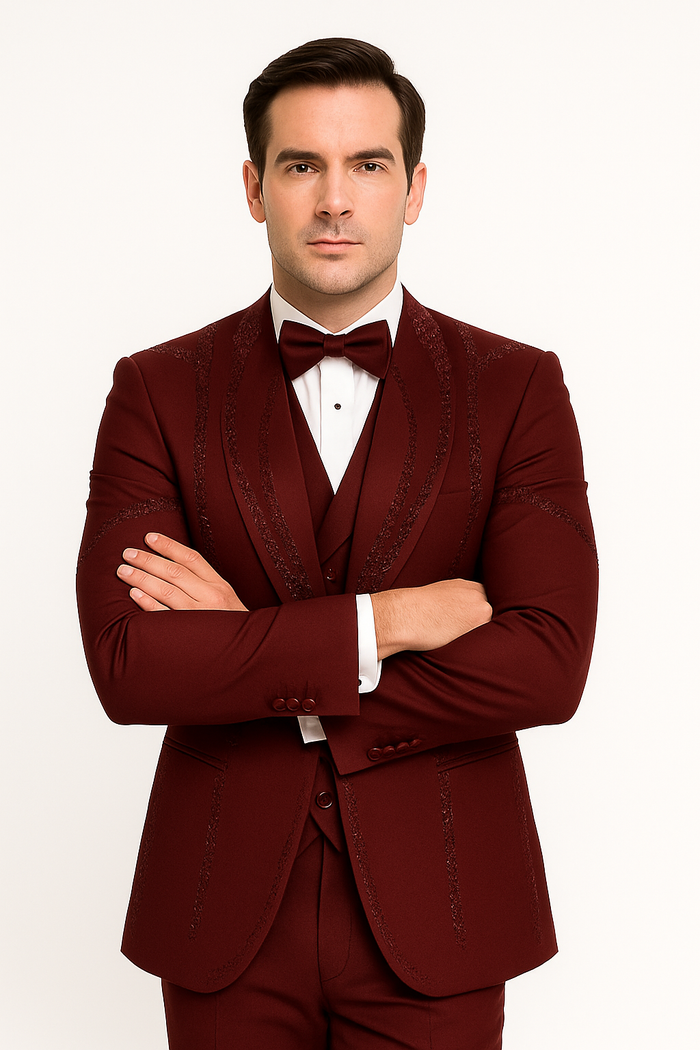 Mens Burgundy Italian Wool 3-Piece Modern Formal Tuxedo